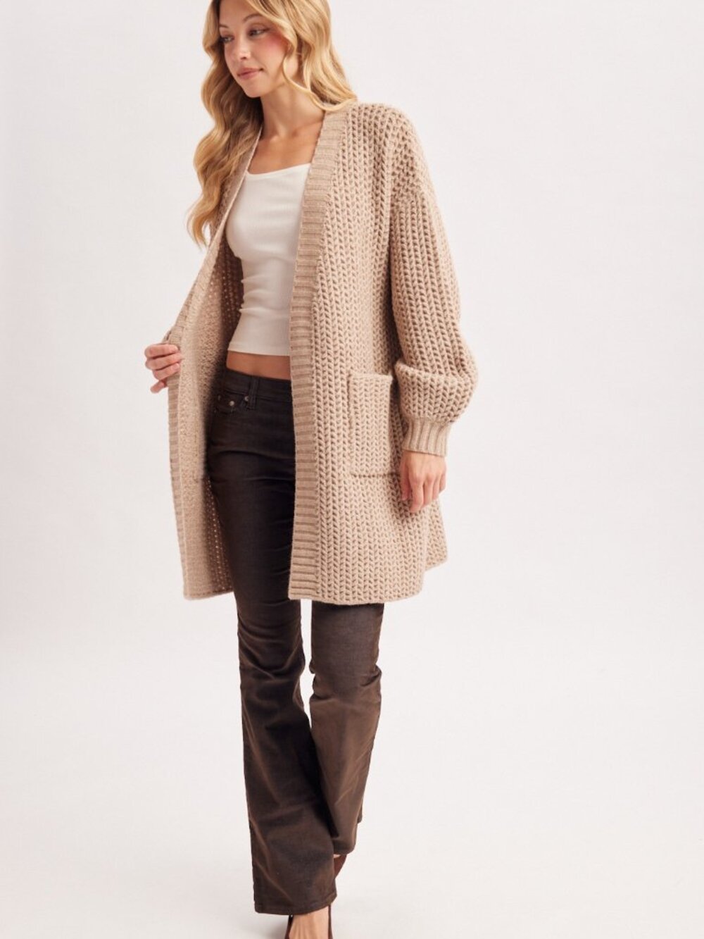 Open-front Waffle Chunky Knit Cardigan - Picture 9 of 12
